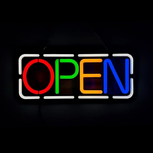 USEND Letrero abierto LED para negocios, colorido neón abierto, 21.2 x 8.6 pulgadas, alta visibilidad con múltiples cambios de color, 15 V1.6 A,