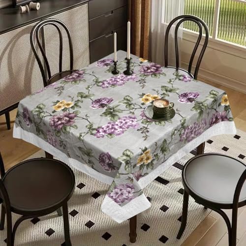 Image of Dakshya Industries PVC Waterproof Square Table Cover 48x48 Inch for 4 Seater Dining Table | Floral Printed Oilproof Stain Resistant Washable Plastic Table Cover, Grey & Purple