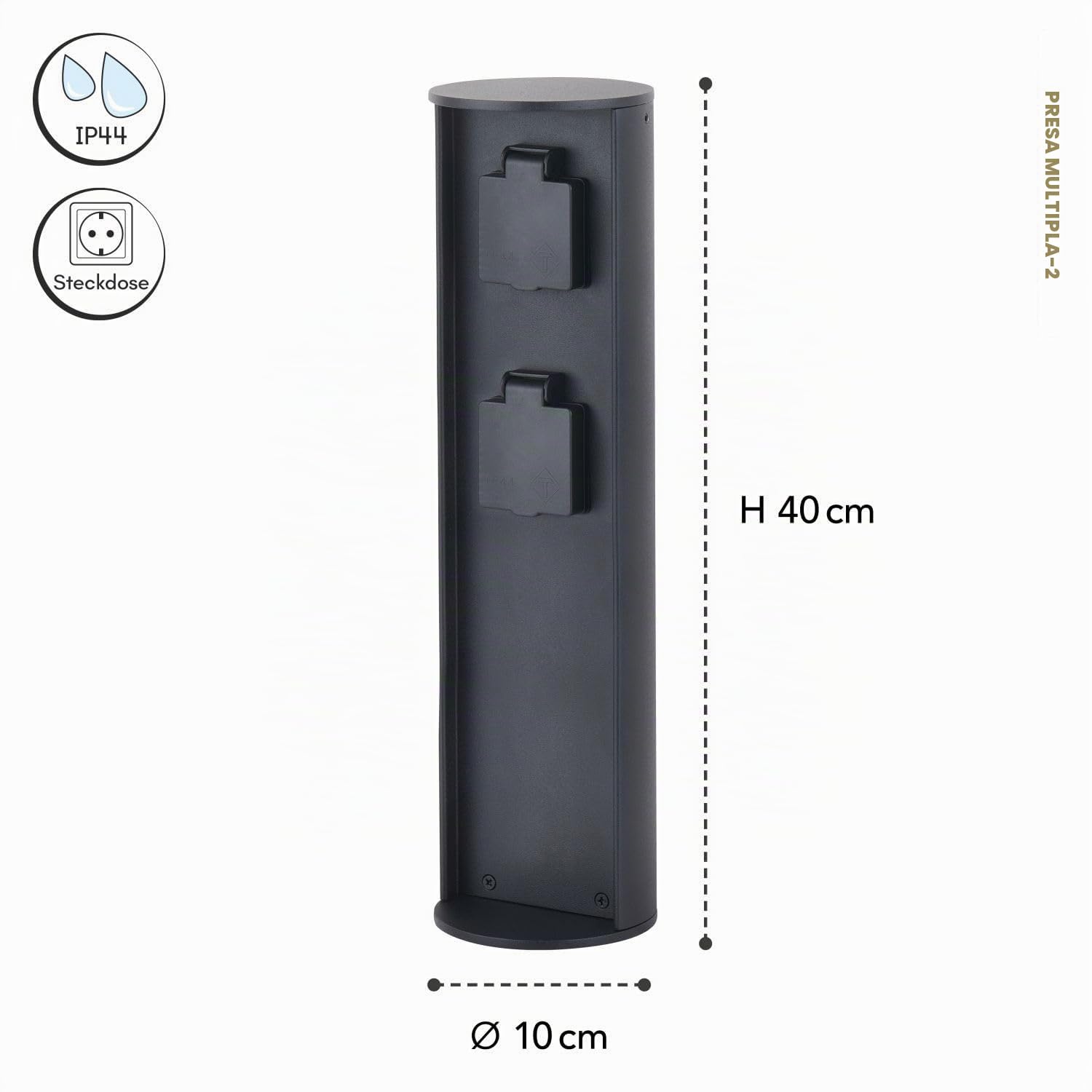 Colonnina di prese da esterno in alluminio nero IP44 presa da giardino con due prese H: 40 cm max. 3500 W resistente alle intemperie presa da esterno intramontabile ARKNON