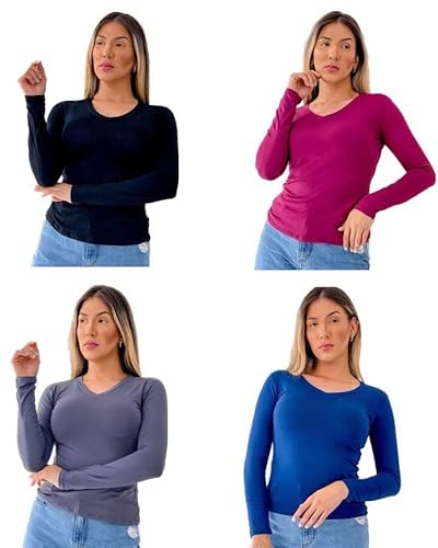 Kit 4 blusas Gola V Manga Longa Feminina (G, Preto/Cinza-Escuro/Vinho/Azul-Marinho)
