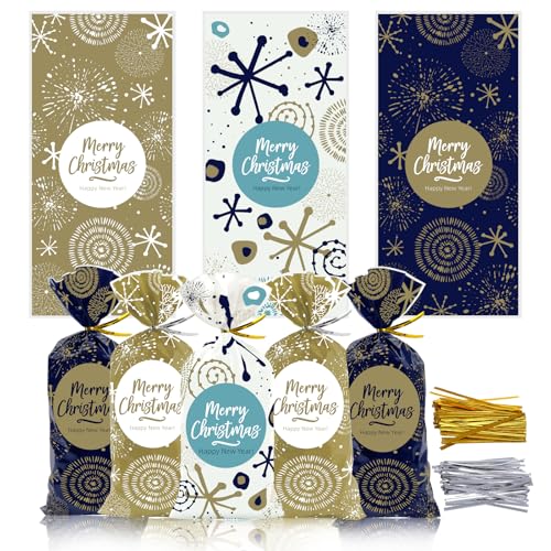 Viosmut - Lote de 120 pequeñas bolsas de regalo de Navidad de plástico con cierres retorcidos, adecuadas para embalaje individual de galletas, caramelos, pasteles de Navidad y pasteles de chocolate
