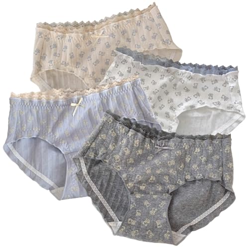 Cute Cartoon Bear Korean Ruffled Panties for Teen Girls Breathable Cotton Fabric Mid Rise Anime Underwear 3/4 Pack