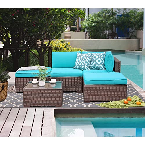 Oc Orange-Casual 5-Piece Patio Furniture Set All-Weather Outdoor Sectional Sofa Set Wicker Couches With Glass Top Coffee Table & Ottoman, Brown Rattan, Turquoise Cushion #TOP6