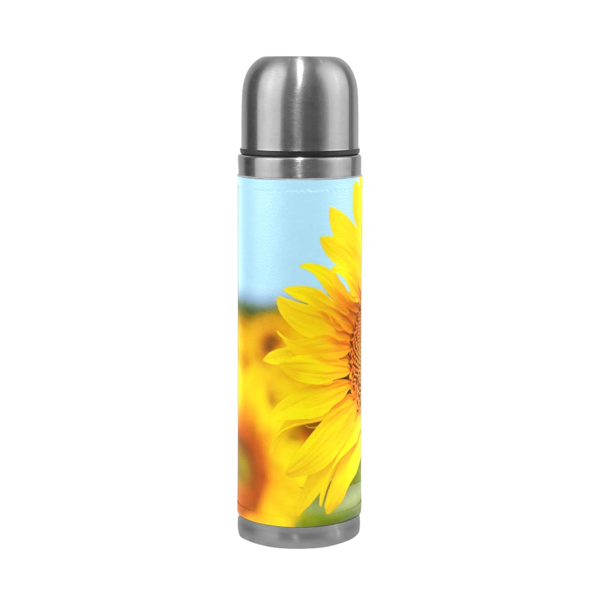 Taza de viaje de acero inoxidable con aislamiento al vacío, doble pared, a prueba de fugas, diseño de girasoles de verano, con estampado personalizado impreso en piel auténtica, 500 ml