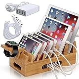Bamboo Charging Station for Multiple Devices Organizer, Desktop Wooden Docking Stations Holder Compatible with Phone, Watch, Tablet (Include USB Charger & 5 Charger Cables & Watch Stand)