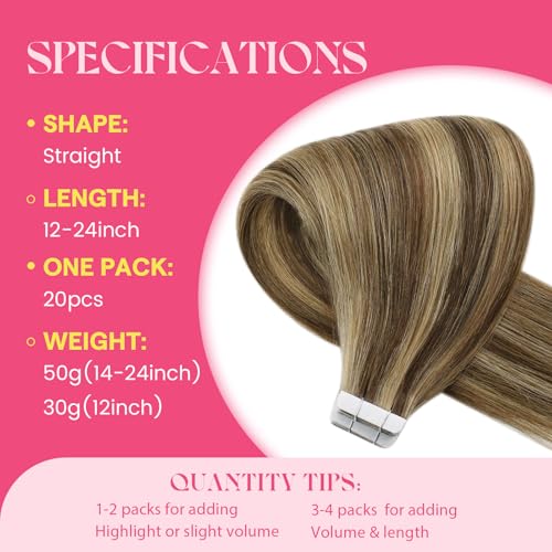 Image of Ve Sunny Hair Tape in Hair Extensions Human Hair | Dark Brown Highlight Caramel Blonde,16Inch 50g 20Pcs,Silky Smooth,for Party