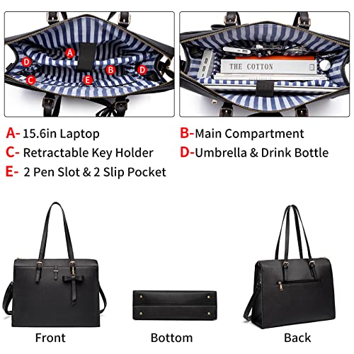 Keyli Laptop Tote Bag For Women Christmas Gifts Waterproof Leather Work Laptop Briefcase With Built-In Usb Charging Port Computer Shoulder Bags Fits 15.6 Inch, Business Handbag Purse 4Pcs Set Black #TOP1