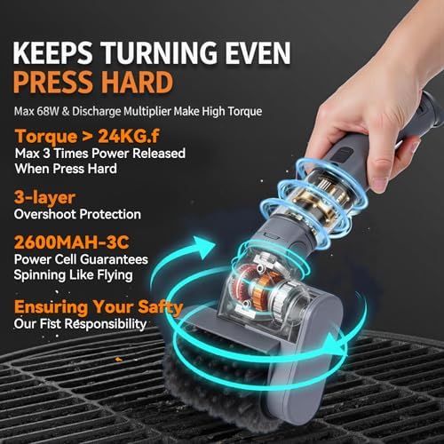 PUVIRECN Electric Grill Cleaner 3 in 1, Cleaning Brush Scraper, Easy Clean Cordless BBQ Barbecue Scrubber, for Father's Day, Dad! 50Kg.f High Torque, 2500mAH, 68W Motor & 360RPM, Splash Guard, IPX7 - 3