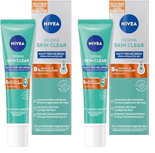 NIVEA Derma Skin Clear Nacht Peeling Serum, Gesichtspflege für ein sichtbar verbessertes Hautbild, porenverfeinerndes Niacinamide Serum Peeling mit AHA & BHA (40 ml) (Packung mit 2)