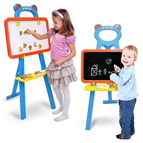 Deluxe Standing Easel Board For Kids, 3 In 1 Dry Erase White Board, Magnetic Board And Chalkboard Art Activity Drawing For Artist With Learning Magnetic Alphabet And Numbers, Chalk And Eraser #TOP2
