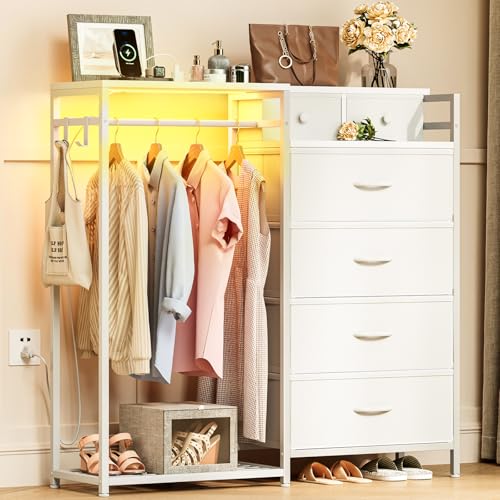 KKL 43' W White Dresser for Bedroom with Hanging Rack, Reversible 6 Drawers Dresser with Led Lights...