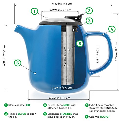 Tealyra - Daze Ceramic Teapot In Blue - 27-Ounce (2-3 Cups) - Small Stylish Ceramic Teapot With Stainless Steel Lid And Extra-Fine Infuser To Brew Loose Leaf Tea #TOP5