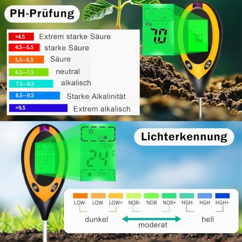 RUTIDA Bodentester, 4-in-1-Boden-pH-Messgerät für Feuchtigkeit/Temperatur/PH/Licht, Bodenfeuchtigkeitsmesser für Blumentöpfe, Garten, Bauernhof, Rasen