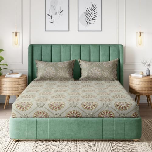 Image of Amazon Basics - 100% Cotton Fitted Bedsheet | 144TC |Fitted Queen Bed Sheet with 2 Pillow Cover|Soft Cotton | Floral Print | 78 Inch x 60 Inch - 8 Inch Drop, Mustard Yellow