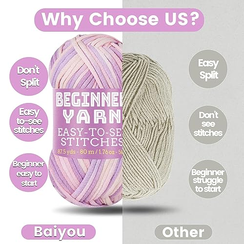 Baiyou 3x50g Beginners Pink Purple Yarn, 260 Yards Pink Purple Yarn for Crocheting Knitting, Easy-to-See Stitches, Worsted Medium #4, Chunky Thick Cotton Nylon Blend Yarn Yarn for Crocheting