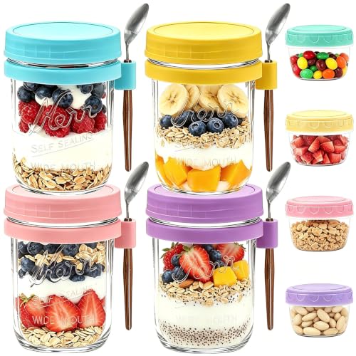 Image of Mason Jars, 16 oz Overnight Oats Containers with Lids, Spoons & 2.7 oz Jars | 4 Pack Wide Mouth Glass Mason Jars, Leakproof Overnight Oats Jars, Glass Food Storage Jar for Meal Prep, Yogurt, Chia Pudding