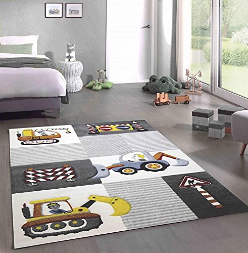 CARPETIA Spiel Teppich Kinderzimmer Baustelle Straßenschilder Bagger Kran Creme grau gelb Größe...