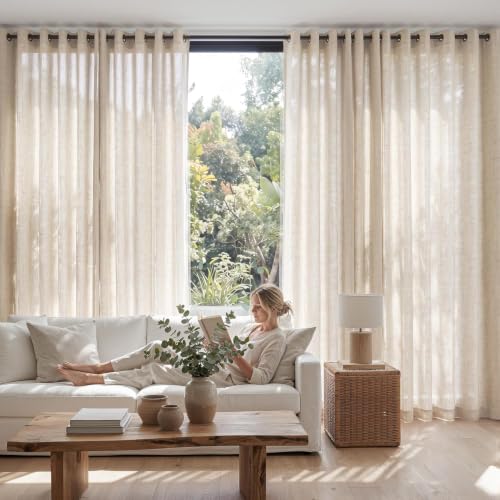 Image of jinchan Linen Curtain 96 Inch Light Filtering Grommet 1 Panel Beige