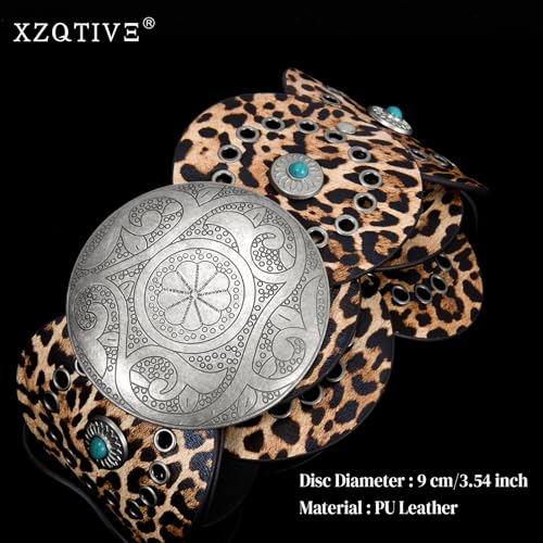Image of XZQTIVE Western PU Leather Belts for Woman Concho Cowgirl Cowboy Disc Belt for Ladies Wide Boho Country Waist Belts for Dress