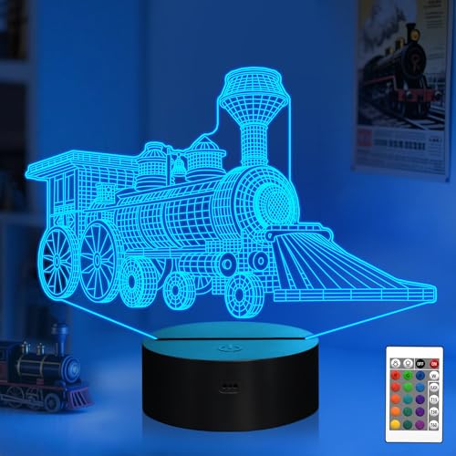 Tren 3D Regalos Lámpara, Attivolife Espejismo Holograma Noche Luz con Temporizador Control remoto 16 colores,Niños Habitación Decoración Navidad Regalo por Tren Modelo Coleccionista Niña Chico Hombres