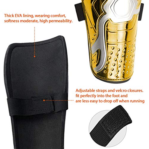 Goldmiky Espinilleras de Fútbol para Niños y Jóvenes, Espinilleras Futbol Niño, 1 par de Espinilleras Ligeras y Transpirables para de 4 a 11 Años, Niños, Niñas, Adolescentes (Dorado-A) - imagen 5