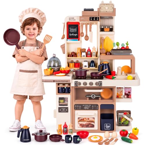 Kinderküche mit Licht, Sound, Wasser & Dampf – Realistische Spielküche ab 3 Jahren – 88-teiliges Zubehör, Eierkocher, Tafel & Dunstabzug – H 93 cm, Stabiler Kunststoff mit Waschmaschine