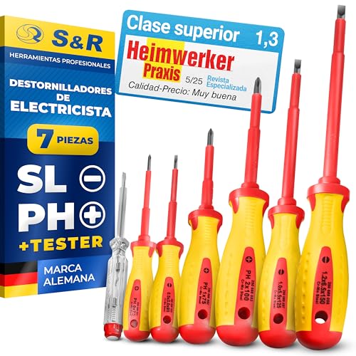 S&R Juego de Destornilladores Electricista VDE - Forma SL-PH + Tester Calidad Profesional (7 Piezas)