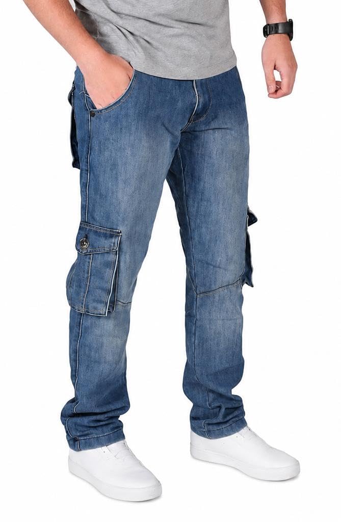 True Face Mens Jeans Cargo Combat Denim Regular Fit Trouser Casual Multipocket Bottoms Zip Fly Pants Grey Wash 36W / 34L