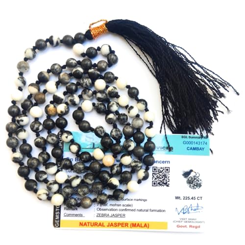 Image of Apnisanskriti Premium Zebra Jasper Stone Mala for Men and Women (6mm, AAA Quality, Lab Certified, 108+1) - Natural Stone Beads Mala - Black & White Bands Colour - Pack of 1