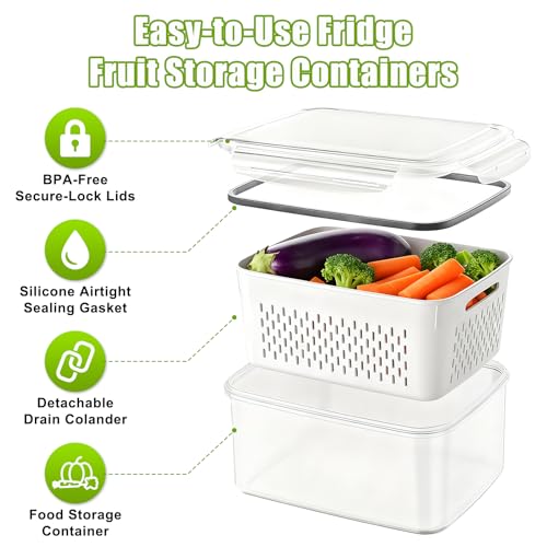 Set of 3 Fruit Storage Containers for Fridge with Removable Colanders, Fresh Food Storage Containers with Lids Airtight, Leakproof Fridge Organizer Bins for Salad Fruit Vegetables Meat Keeper Fresh