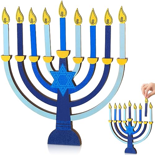 Layhit Hanukkah Menorah with Removable Wooden Candles Wooden Chanukah Menorah for Kids Baby Hanukkah Gifts Jewish Holiday Party Favors Centerpiece Decorations (Blue)