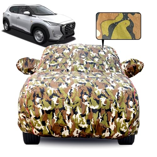 Image of Waterproof Car Body Cover for Nissan Magnite with Mirror Pocket, Soft Cotton Lining, Triple Stitched, Full Bottom Elastic (Heat Resistant Jungle Print with Red Piping)