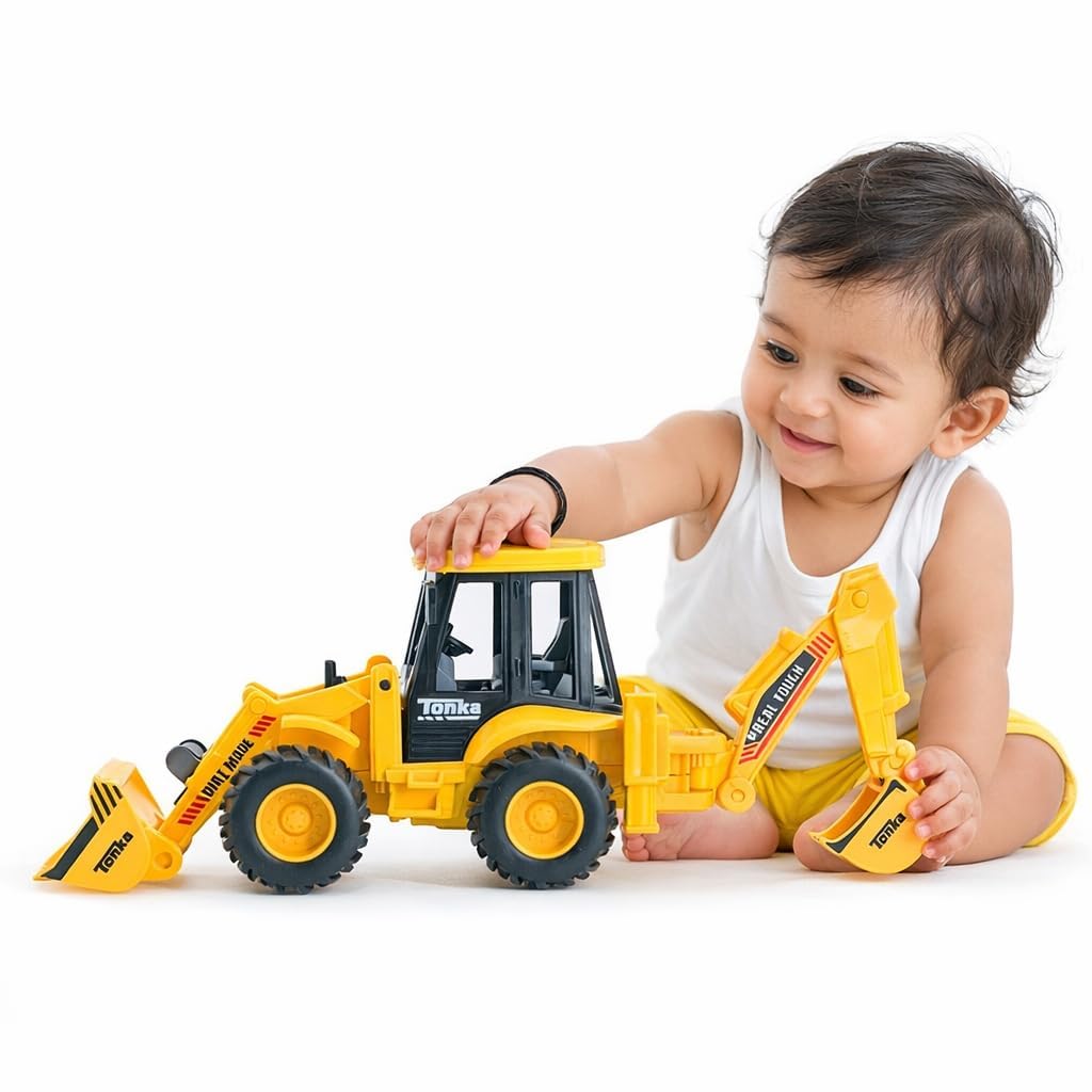 2-in-1 Truck JCB Excavator & Bulldozer Construction Vehicle Toy | Realistic JCB with Movable Parts | Friction Powered Push & Go Truck for Kids | Yellow Construction Toy Set