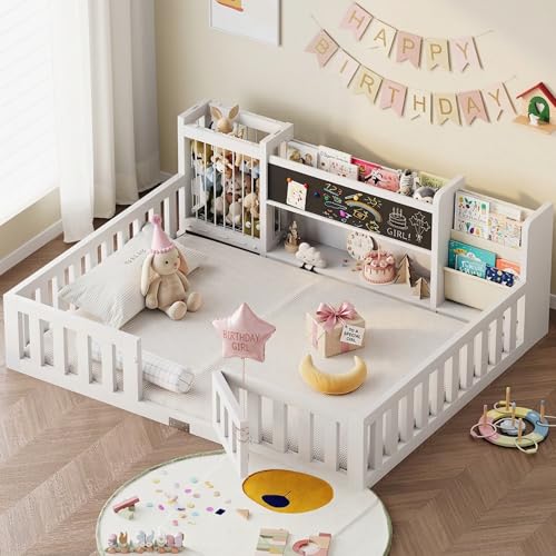 Montessori Wood Toddler Floor Bed with Blackboard & Bookshelf (White Full) - image 1