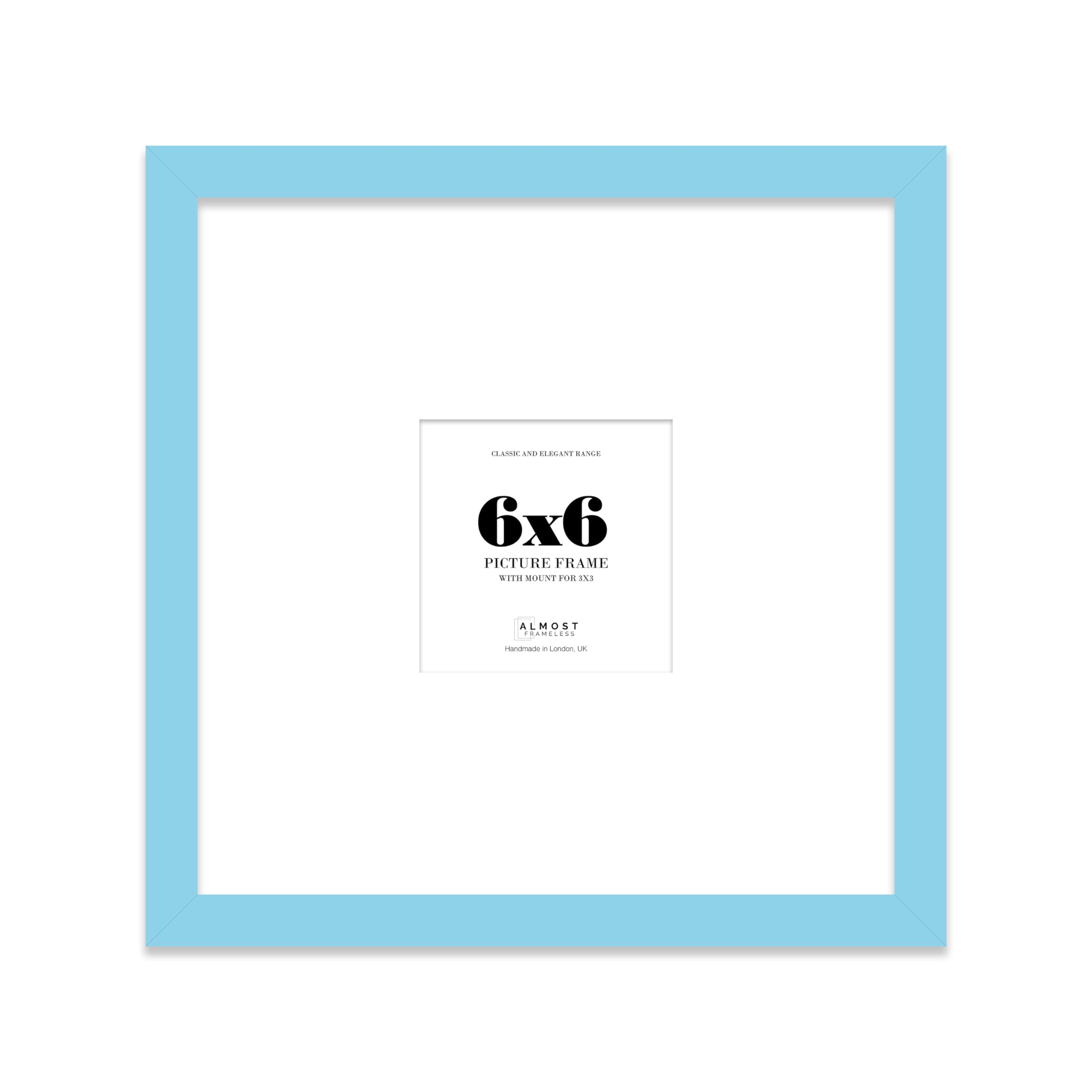 Almost Frameless 6x6 Square Picture Frame, Display Pictures 3x3 With Mat or 6x6 Without Mat, Wall Hanging & Free Standing Photo Frame, Light Blue, 1 Pack