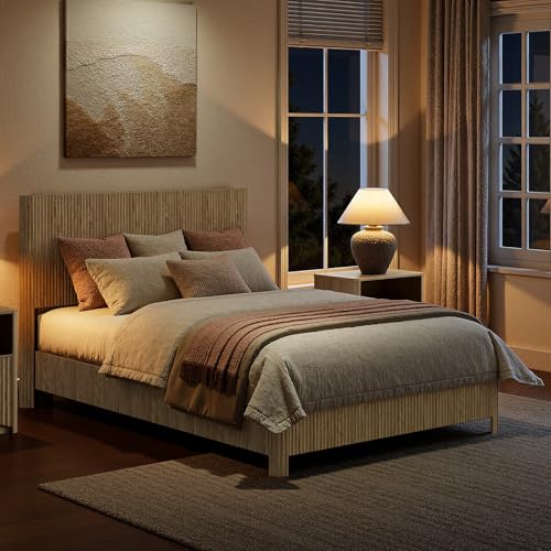Image of Evermagin Oak Queen Bed Frame with Headboard, Mid Century Modern Fluted Platform Bed, Boho Wooden Bed Base No Box Spring Needed, Wavy Grooved Panel