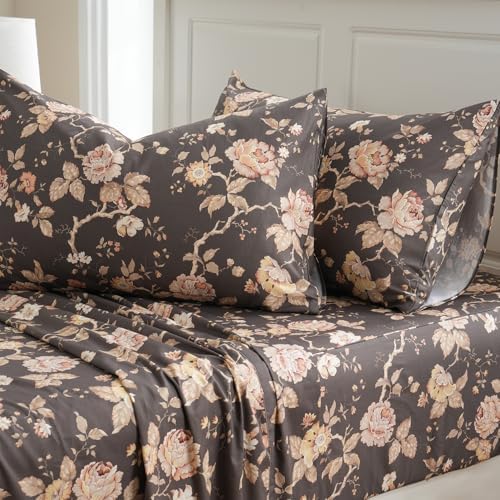 Zusbest Dark Brown Floral Bed Sheets Set - Queen Size Percale Cotton Shabby Rustic Peony Flower Print Bed Sheets - Soft Breathable Mocha Classic Vintage Bedding 4 Pcs Deep Pocket Flower Bed Sheets