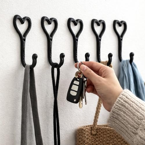 Homezone 5 pièces style vintage fonte noire Support mural loveheart crochet porte manteau rangement de maison Crochets Murale hanger. rustique Maison ou...