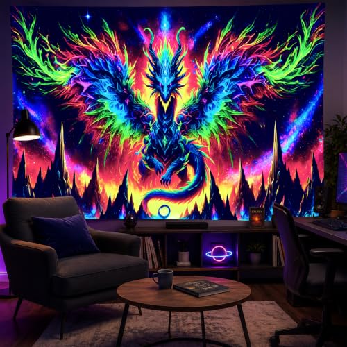 Image of BlissYard Blacklight Dragon Tapestry 78x59 Inch UV Reactive Colorful Dragon Wall Cool Evil-Dragon Tapestry Glow In The Dark Black Light Posters Wall Hanging Bedroom Dorm Living Room Backdrop Decor