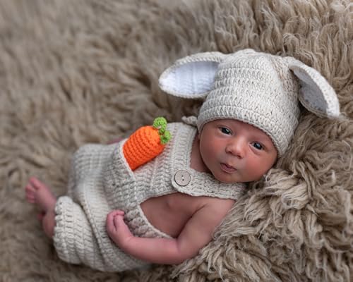 Bellasignoro Newborn Baby Photography Props Crochet Knitted Rabbit Overalls Set Baby Bunny Outfits with Stuffed Carrot (OffWhite)