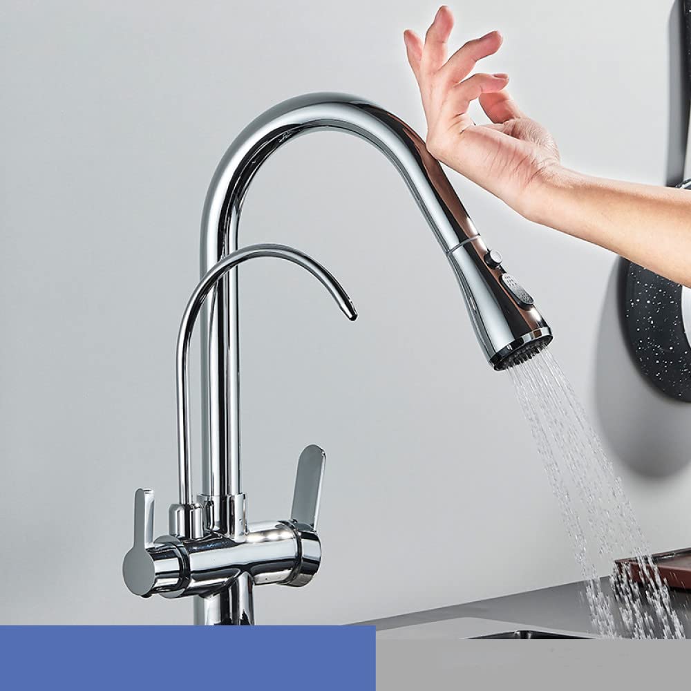 Agua fría y caliente Modo de grúa Grifo mezclador montado en cubierta Filtro de sensor táctil Grifo de cocina con agua pura Grifo mezclador extraíble Girar, cromo, talla única
