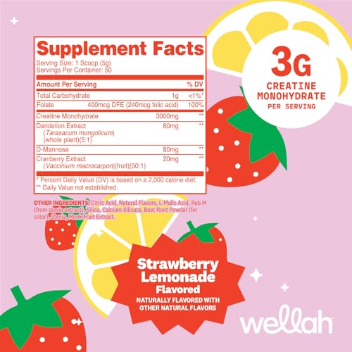 Wellah Creatine for Women - Creatine Monohydrate with Dandelion & Cranberry Extract (50 Servings, Strawberry Lemonade) - Image 3