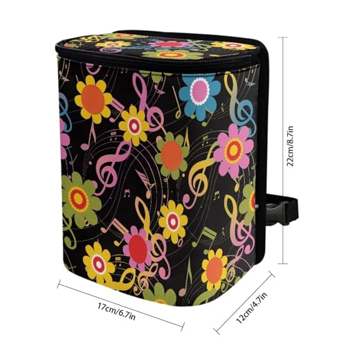 Image of Hippie Flower Music Note Car Trash Can with Lid,Leak Proof Garbage Can Hippie Flower Car Interior Accessory Zipper Protable Vehicle Rubbish Bag for Back Seat