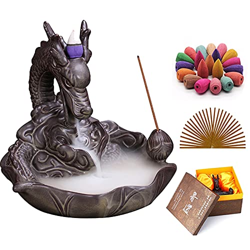 Dragon Incense Burner Incense Holder Backflow Ceramic Incense Burner with 20 Incense Cones and 30 Incense Sticks for Home Decor Yoga Craftwork Figurine, Gift for Friends and Family