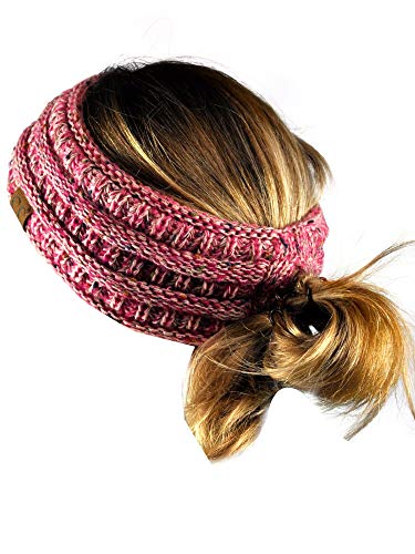 C.C Cable Knit Fuzzy Lined Ear Warmer Ponytail Pony Headband, Confetti Ombre Rose