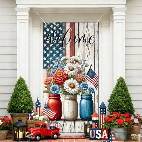 Image of BlissYard Patriotic Welcome Door Cover 71x35 Inch 4th of July Front Door Cover Decoration American Flag Floral Door Banner Red White Blue Daisy Independence Day Porch Door Cover