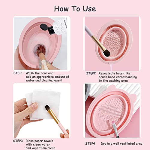 3 Handheld Design Heart Shaped Makeup Brushes Cleaners Silicone Makeup Brushes Cleaners Silicone Foldable Wash Bowls Powder Puffs Makeup Brushes Portable Washing Tools (Pink) #TOP3