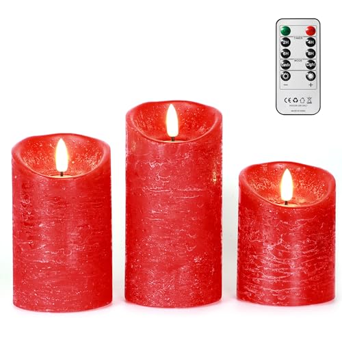 FREEPOWER 3er Set Echtwachs LED Kerzen Rot mit Fernbedienung und Timer...