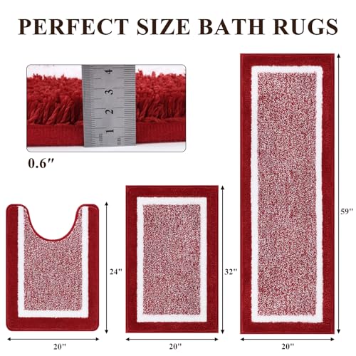 Pauwer Bathroom Rugs Sets 3 Piece Bathroom Shower Rugs with U-Shaped Contour Toilet Mat Absorbent Microfiber Plush Bath Mats Non Slip Bath Rugs Machine Washable Shaggy Floor Mats, Red