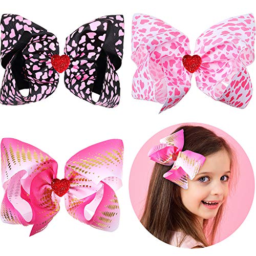 3 Pieces Mother's Day Bows Clips Heart Pattern Hair Bows Clips Ribbon Hair Bow Pink Bowknot Headwear Hairpin Alligator Clips for Girls Large Bow 7 Inch, for Valentine's Day Mother's Day Birthday